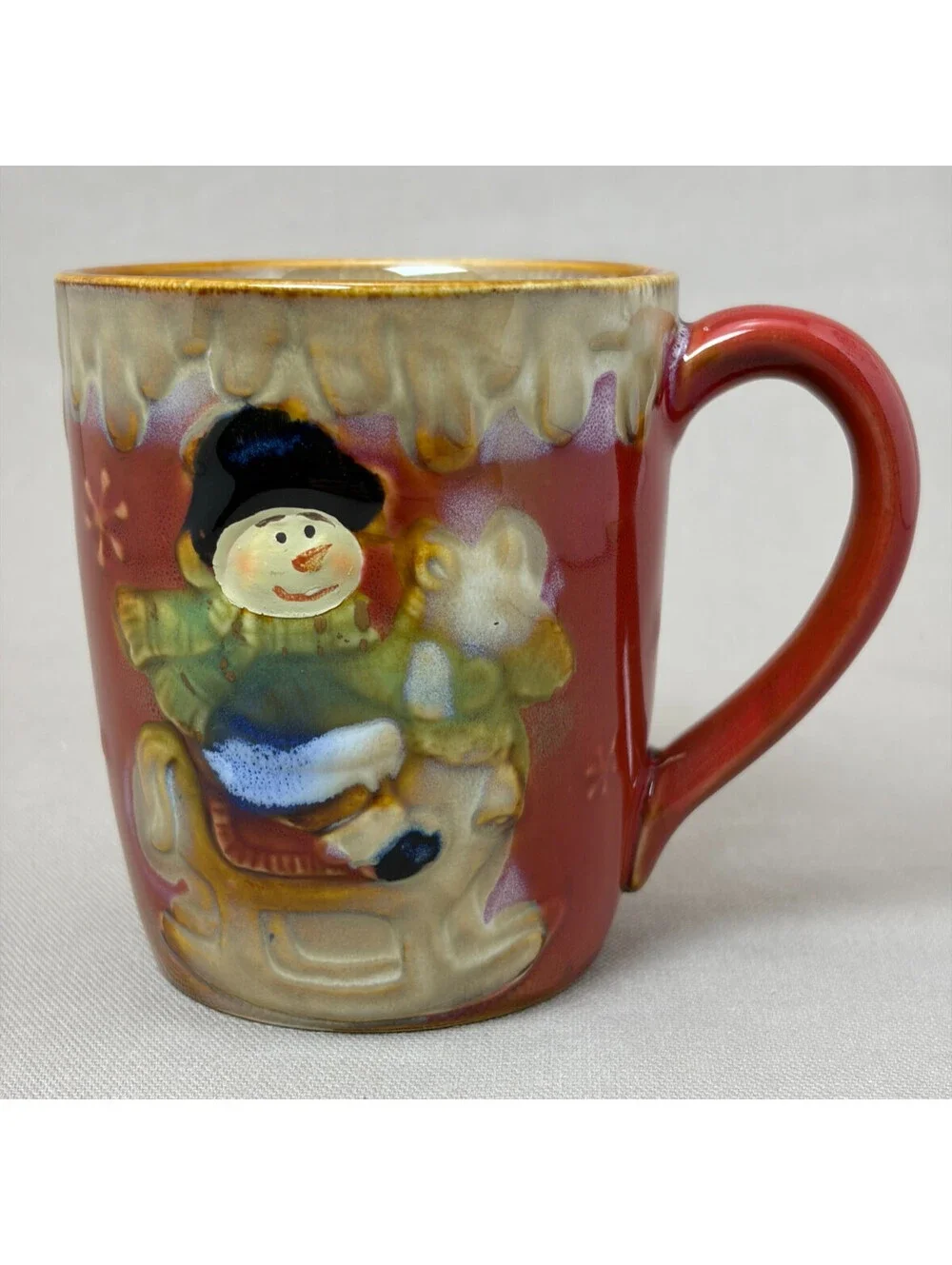 Snowman Rocking Horse Coffee Mug Holiday Red Drip Glaze Ceramic Cup 12 oz